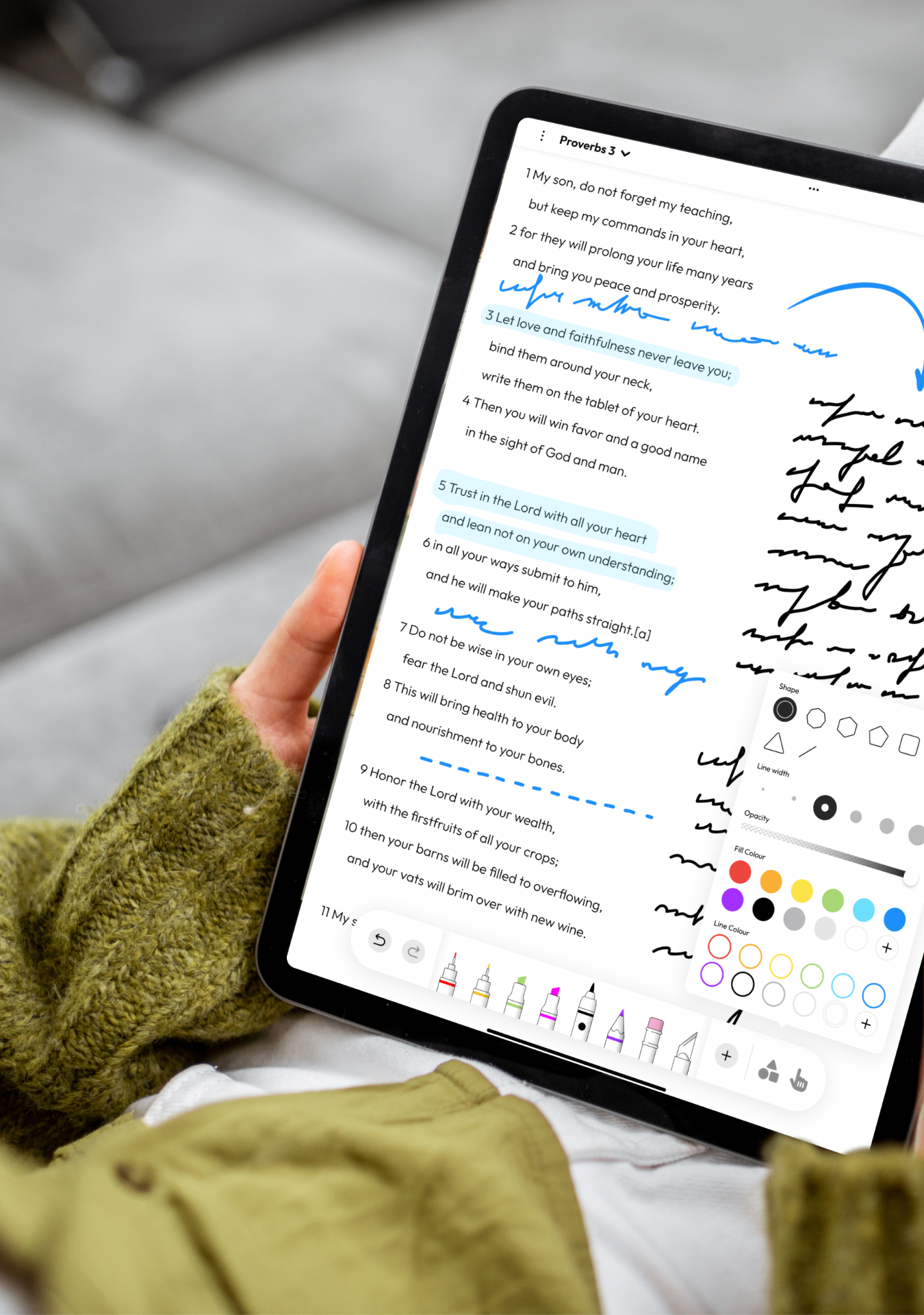 Pencil Bible open on iPad showing Proverbs 3 with highlights and handwritten notes